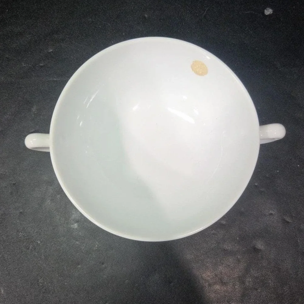 Anchor Hocking Milk Glass Soup Bowl, Dual Handled Floral Dish, Vtg Kitchenware